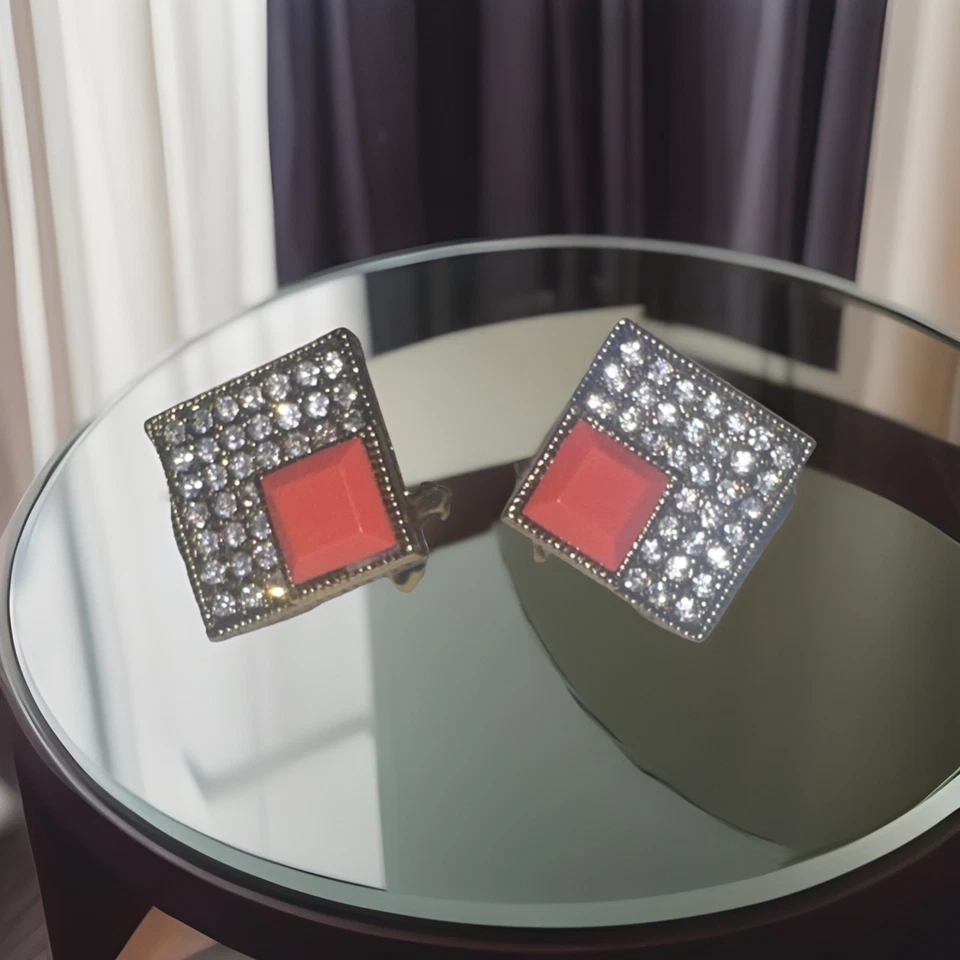 Heidi Daus Earrings Crystal Swarovski Square Bronze Pierced Art Deco Style Studs - Image 3 of 3