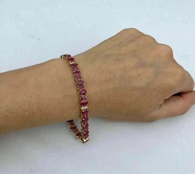 8Ct Oval Cut Lab Created Red Ruby Women Tennis Bracelet 14K Yellow Gold Plated - Image 2 of 3