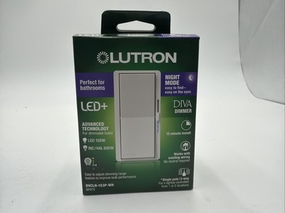 New Lutron DVCLN-153P-WH Diva LED+ Dimmer Night Mode White Single Pole 3Way 150W