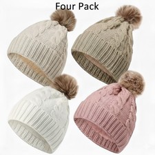 Adult Beanie Winter Cable Knit Faux Fur Pom Unisex Hats Beige Ivory Pink Brown