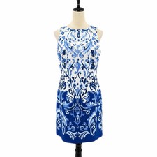 Lauren Ralph Lauren 8 Blue White Scroll Damask Coastal Sleeveless Shift Dress