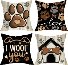 Dog Paw Print Home Decorative Throw Pillow Covers 18 X 18 Set of 4, Black Dog