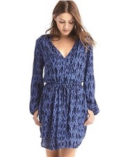 Gap Purple Blue Silky Print Split-Neck Long Sleeve Fit Flare Mini Dress Size M