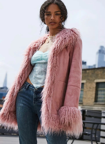 Urban Outfitters RARE Pink Afghan Coat Penny Lane Long Jacket Fur Hippie Y2K Med