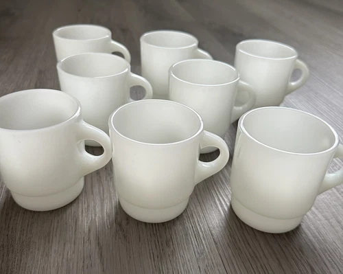 8 Vintage Anchor Hocking Oven Proof Stackable Coffee Mug Cream White Mug