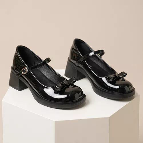 Womens Leather Bowtie Round Toe Buckle Strap Block Heel Fashion Mary Jane Shoes - Picture 17 of 30