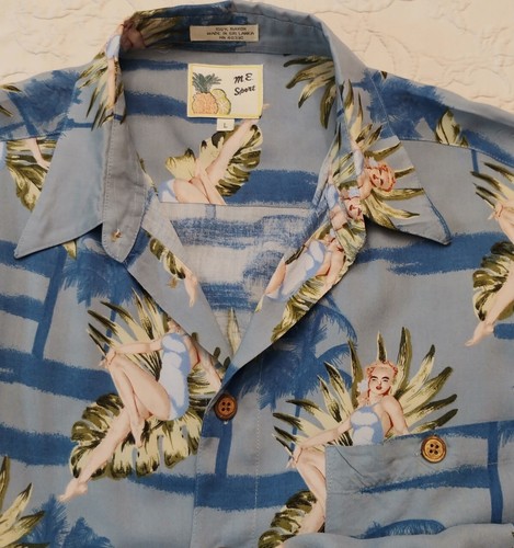 M.E. Sport Vintage Mens Large Hawaiian Shirt Blue Pinup Girl Design - Picture 3 of 11