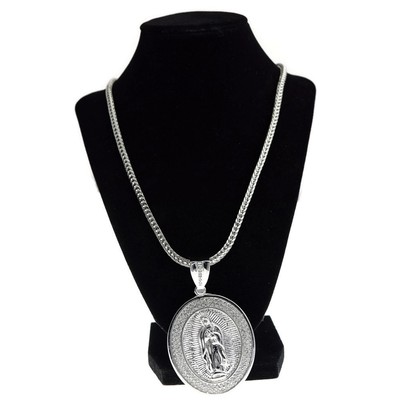 Virgin Mary Iced CZ  Virgen De Guadalupe Silver Tone Franco Chain Necklace 36''