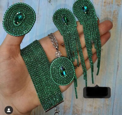 Green Wedding Jewelry Set, Handmade Rhinestone Waterfall Earrings, Sets, Ring