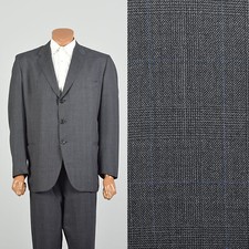 Large 1950s Gray and Blue Glen Plaid Three Button Suit Two Piece Suit Vintage