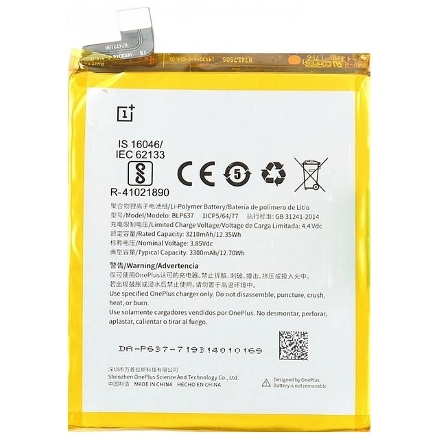 ONEPLUS BATTERIA RICAMBIO ORIGINAL IONI DI LITIO BLP637 3300mAh PER ONEPLUS 5 5T - Immagine 2 di 3