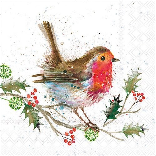 4 x Paper Napkins/33cm/3Ply/Decoupage/Christmas/Bird/Foliage/Holly/Winter Robin