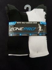 6 Pair Zone Pro Boys' Half Cushion Crew size L shoe size 4-10 