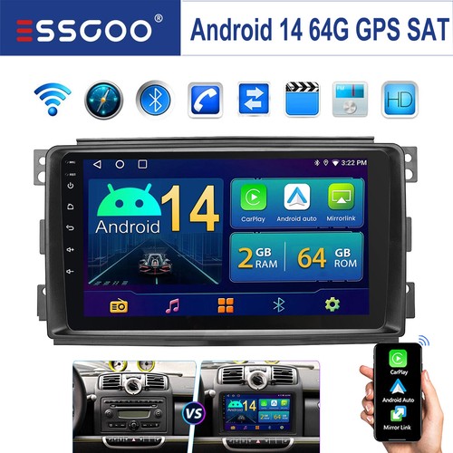 Per Smart Fortwo 451 2005-2010 CarPlay 32G/64G Android 14 Autoradio GPS WIFI KAM - Foto 16 di 17