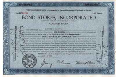 Bond Stores, Inc. - Original Stock Certificate - 1945 - TC18764