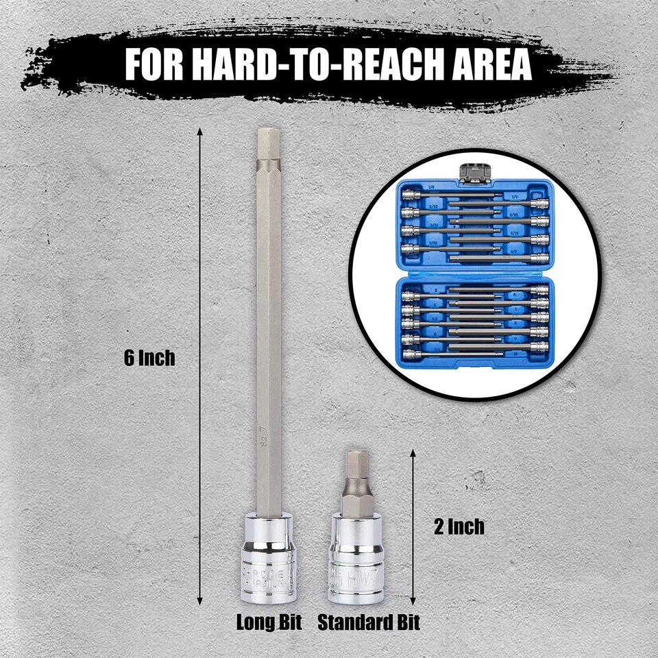 18PCS 3/8"Dr. Extra Long Hex Bit Socket Set, 1/8 Inch to 3/8 Inch, 3mm to 10mm - Image 3 of 4