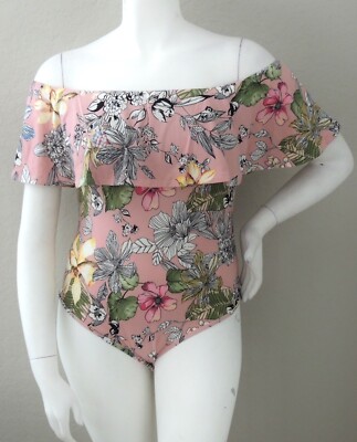 Pink Tropical Floral Ruffle Off the Shoulder Bodysuit Top Plus 1X 2X 3X - New!