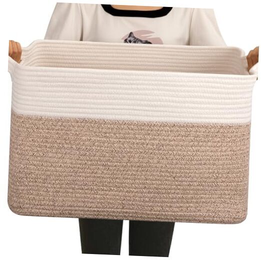65L Blanket Basket, Cotton Rope Woven Blanket storage for Brown and White