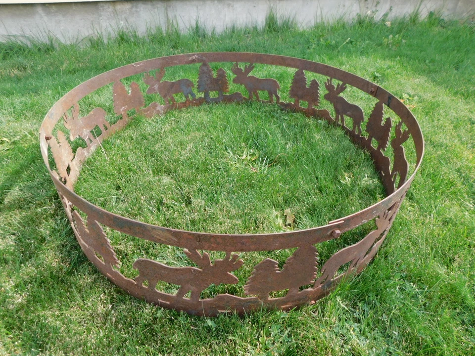 De colección 4 Piezas 36" Redondo Metal Hierro Alce Pinos Arte Campamento Fuego Anillo Pozo Foto 3 de 4