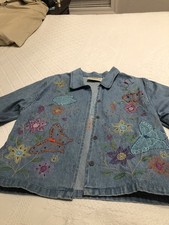 Tantrums Denim Women  s Embroidered Jacket Cottage Floral Butterfly Fairy Size M