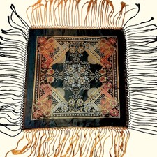 Vtg 1940s Silk Taj Mahal Motif Brocade Piano Shawl Blk/Multi 33"x33"  Fringe