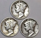 (3) Mercury Dimes - Fine - 1944D 1944P 1944S - #2109ED