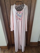 Vintage 1960s Pink Ruffle Maxi Nightgown Lace Embroidered Flowers Pockets Large