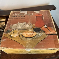 Vintage Homestead Snack Set 1950s By Federal Glass Four Plates/Four Cups W/Box