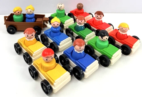Vintage Fisher Price Family Auto Racing Cars - 12 People - 10 Cars - 1 Train Car
