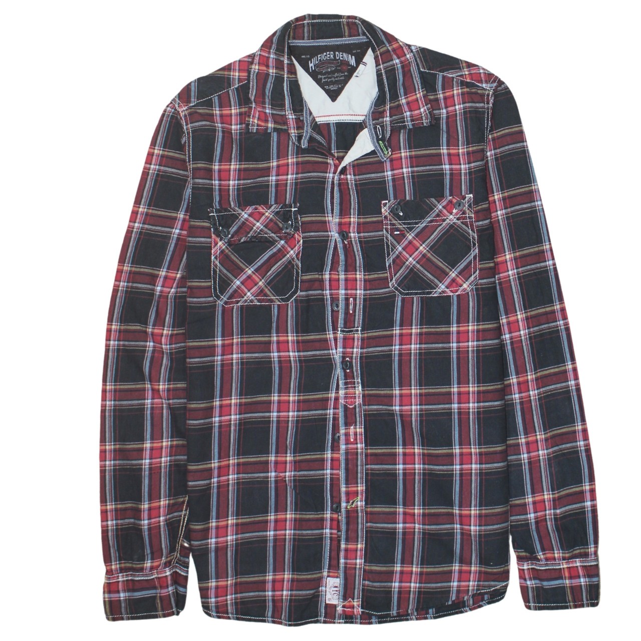 Tommy Hilfiger Womens flannel shirt red navy plaid button front chest pockets L
