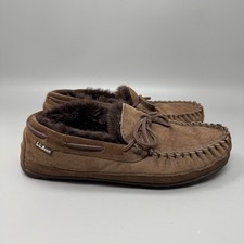 LL Bean Wicked Good Men's Brown Suede Shearling Lined Moccasin Slippers Size 9 M