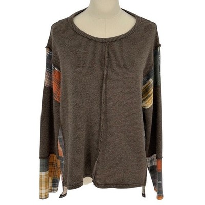 Haptics Holly Harper Brown Ribbed Knit Patchwork Plaid Mixed Media Top Womens