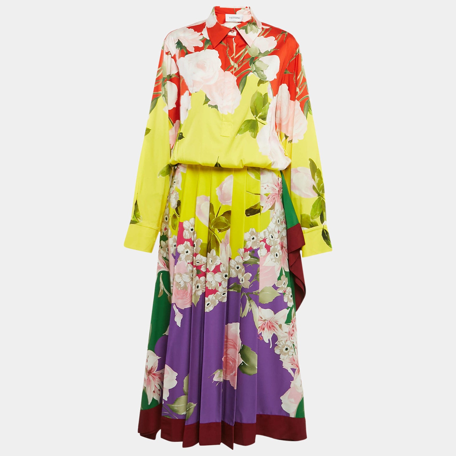 Valentino Multicolor Floral Print Silk Pleated Maxi Dress M