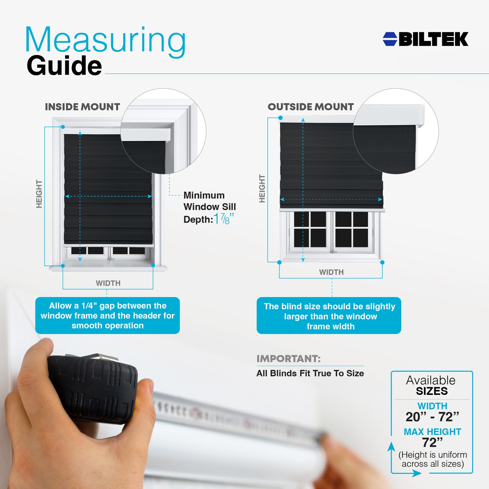 Cordless, Black, Roller Shades Free-Stop Dual Layer Window Blinds - 50"x72"