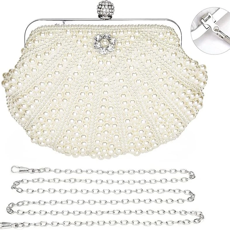 Women Pearl Clutch Bag Noble Crystal Beaded Evening Bag Wedding Chain Clutch - image 4 of 4