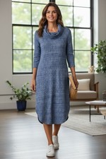 Saturday Sunday Knit Dress MEDIUM Midi Blue Cowl Neck Anthropologie Tunic 3/4"