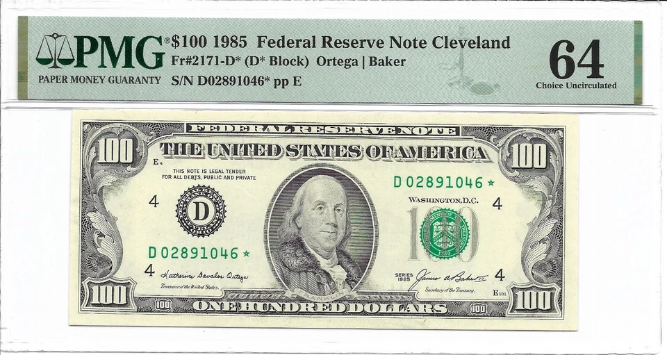 1985 $100 CLEVELAND * STAR * ⭐️ FRN. PMG Choice Uncirculated 64 Banknote - Image 2 of 3