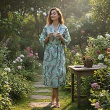 Indian Cotton Robe Long Kimono Sleepwear Pink Floral Printed Night Kimono Robe