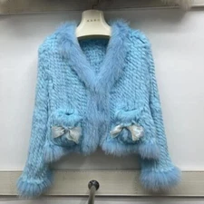 Womens Real Fox Fur Collar Rex Rabbit Fur Knitted Coat Short Winter Outwear Size