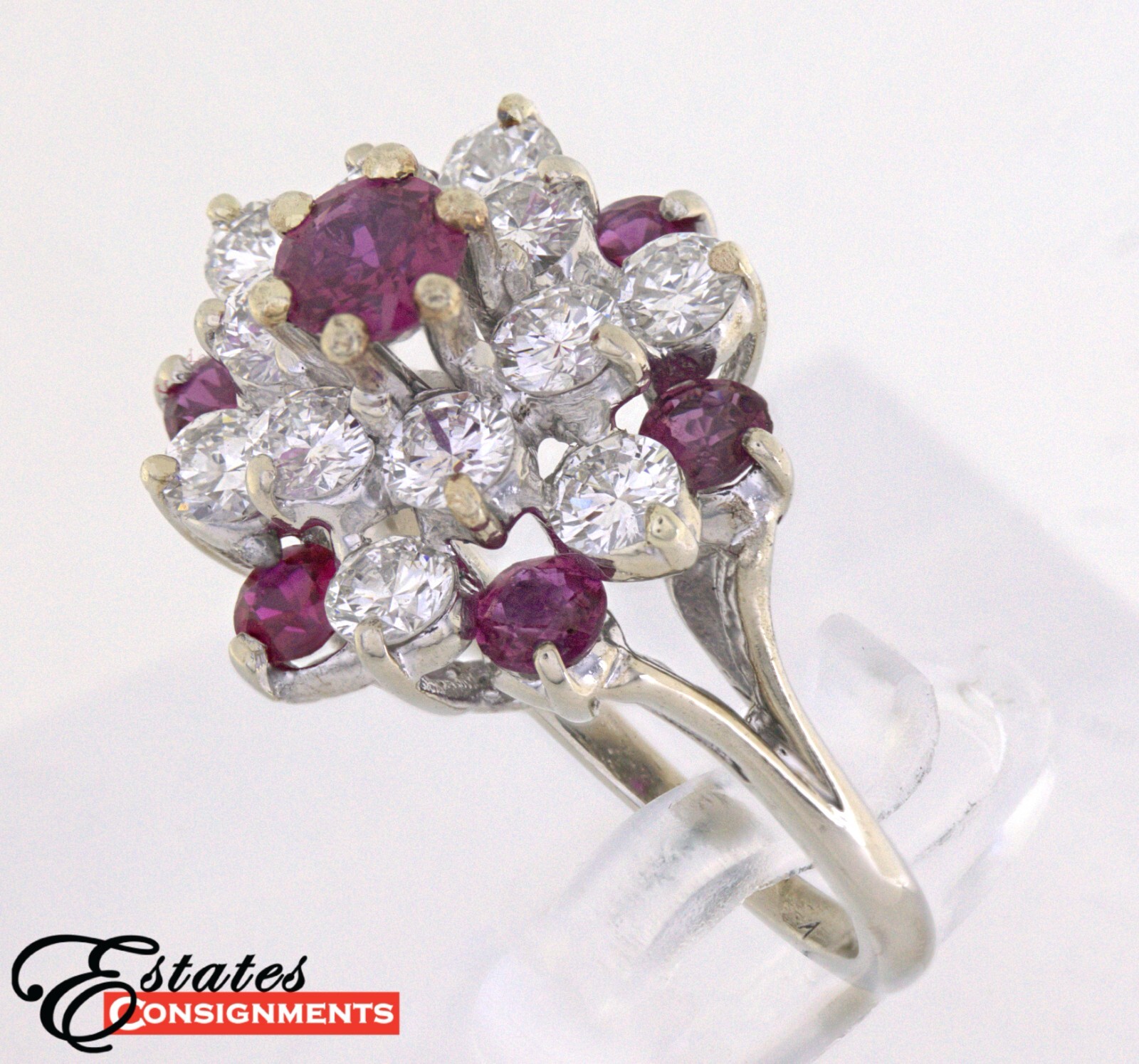Ruby, Diamond, White Gold Cluster Ring - image 1
