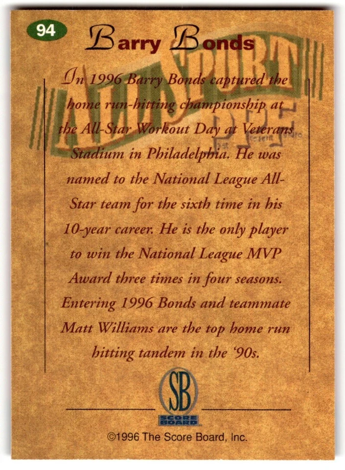 1996 The Score Board All Sport PPF Barry Bonds #94 San Francisco Giants - Image 2 of 2