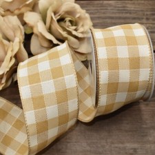 Tan Warm Beige and Ivory Gingham Checked Plaid Wired Ribbon - 10 Yards x 2.5" W