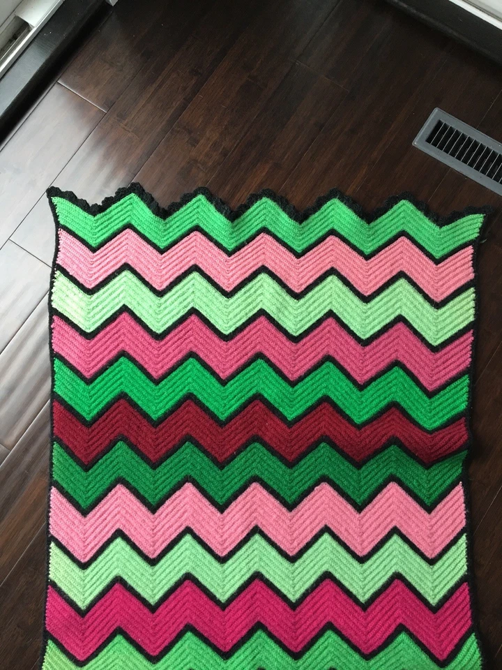 Handmade Crochet Afghan Granny Chic Throw Blanket Wool Pink Green Ombré 64”x 30” - Image 2 of 4