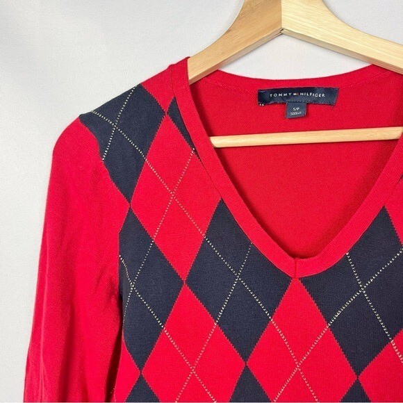 Tommy Hilfiger Red Essential Argyle Knit Long Sleeve Sweater S image 6