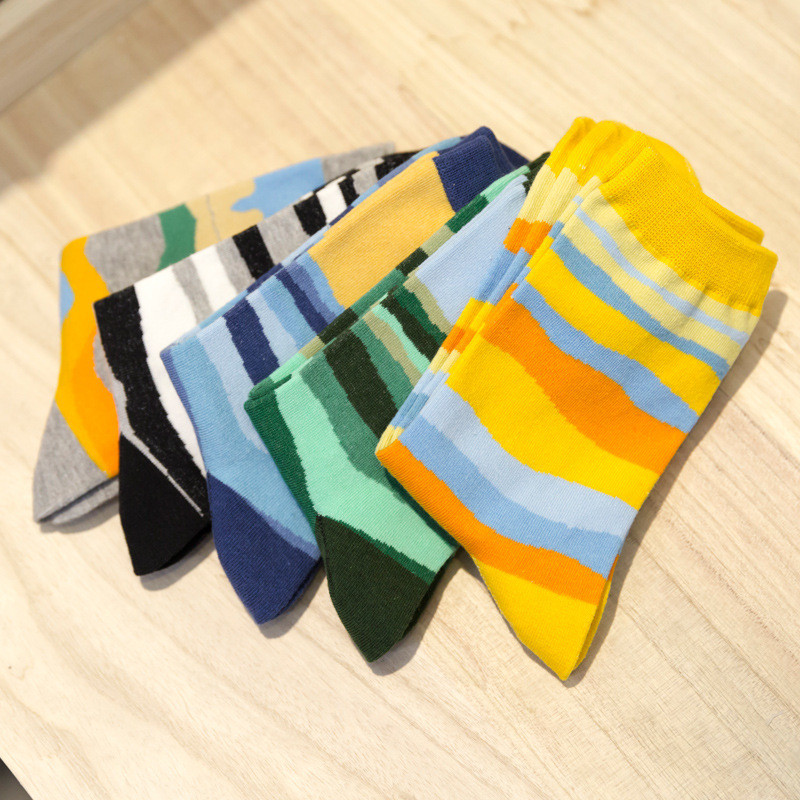 5 Pairs Mens Cotton Socks Lot Novelty Colorful Wave Stripe Casual Dress