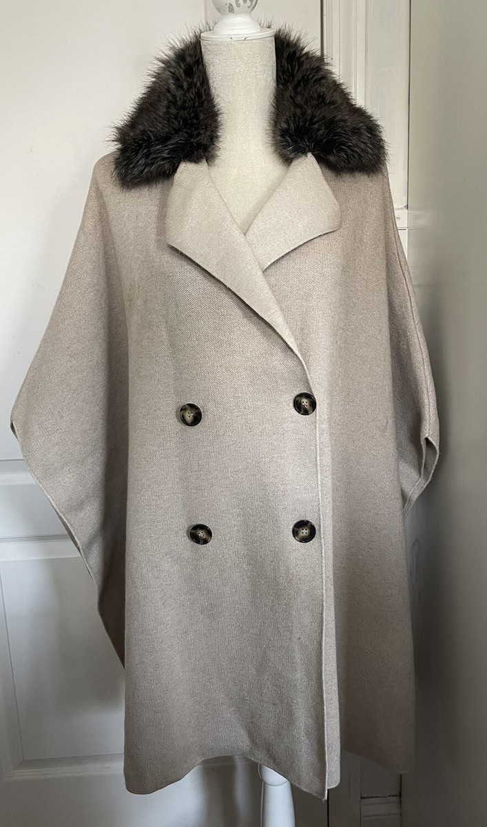 ZARA Knit Faux Fur Collar Cardigan Poncho Button Beige Women's