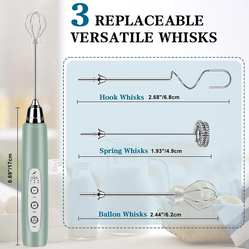 Milk Frother Handheld for Coffee, Electric Whisk 3 Speed Morandi Green