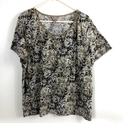 Women's White Stag Brown Tan White Floral Abstract Round Neck Short Sleeve 3X