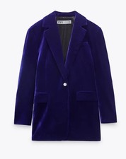 Zara Blue Velvet Blazer Size M Relaxed Fit Statement Rhinestone Buttons Ink Blue