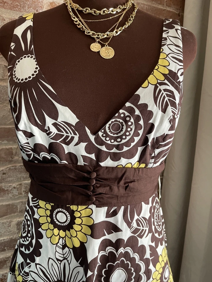 ¡Nuevo! B. Vestido elegante blanco amarillo marrón sin mangas floral línea A cuello en V talla 14 Foto 2 de 4